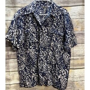 Silk Icon Men's M Short Sleeve Button Up Shirt Geometric 100% Silk Blue